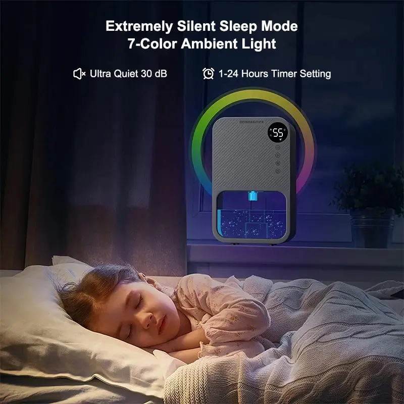 Air Dehumidifier With Extremely Silent Sleep Mode 30 dB and 7 Color Ambient Light